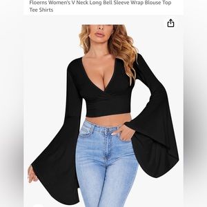 Floerns Women's V Neck Long Bell Sleeve Crop Top